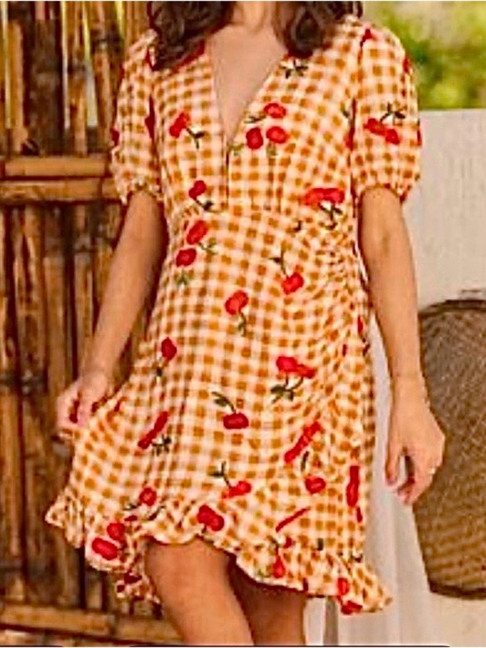 ⭐️HP ⭐️ FARM RIO Gingham Cherry Print Puff Sleeve Minidress - Picture 6 of 10